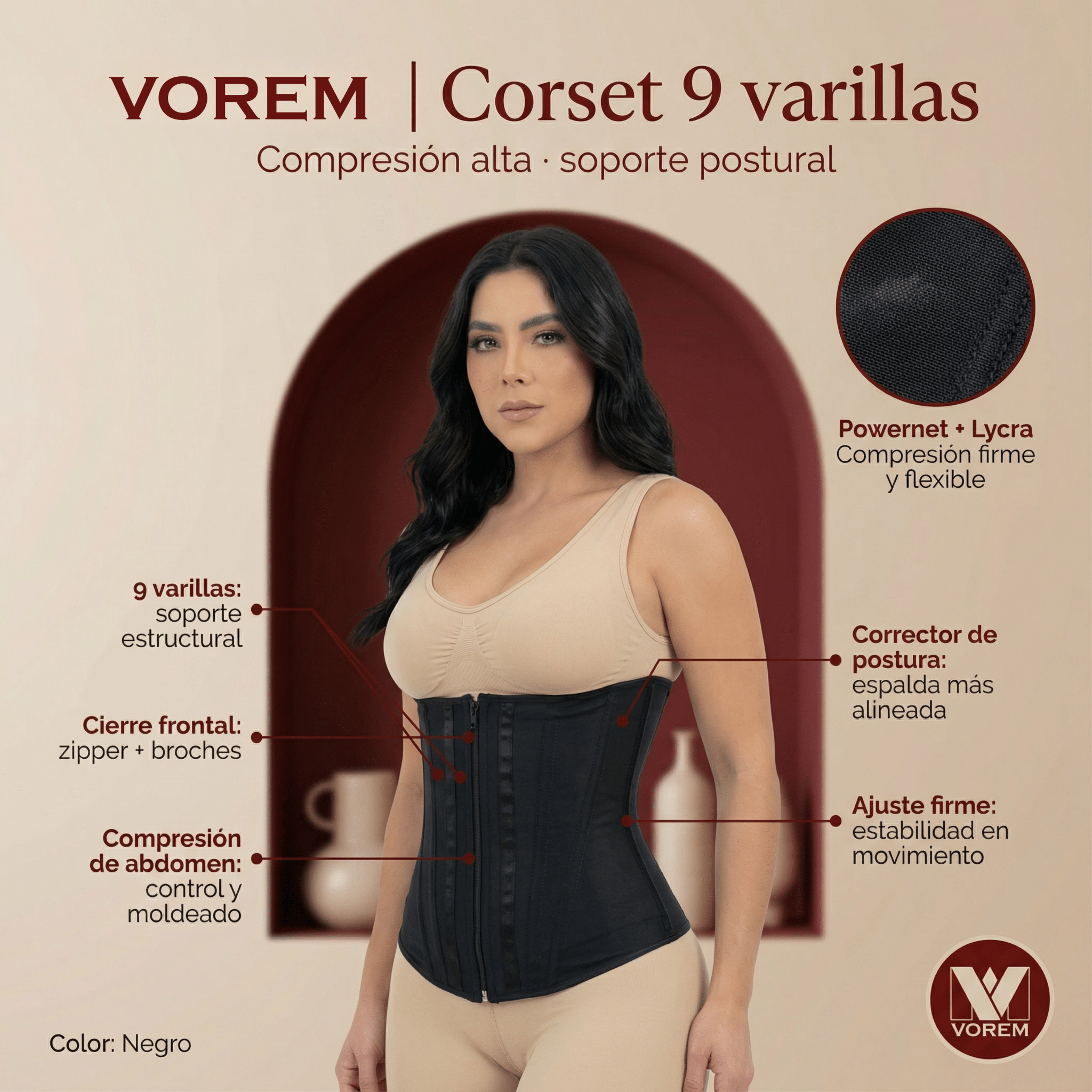 Corset Moldeador 9 Varillas Powernet Negro | VOREM Colombia