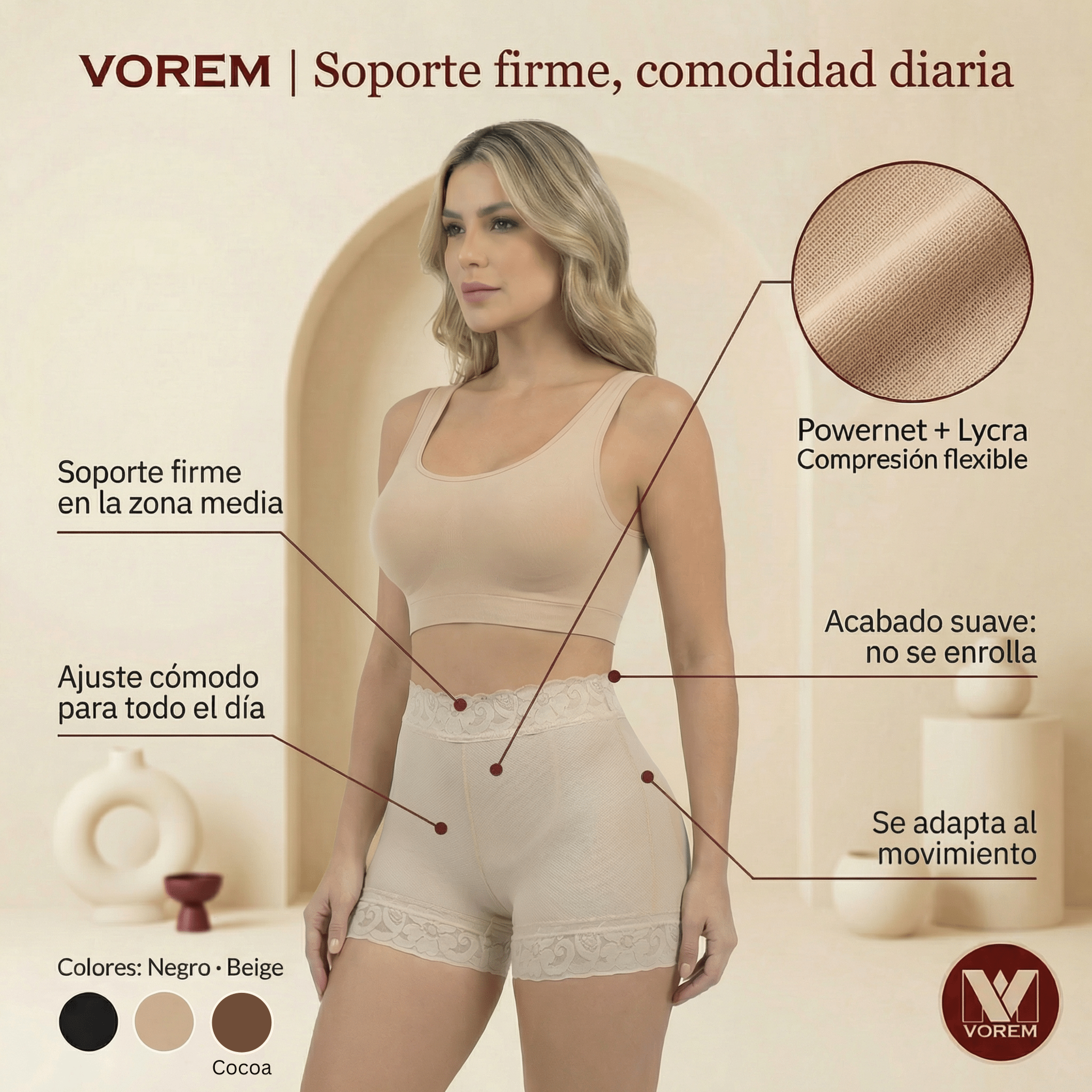 Short cachetero beige VOREM con soporte firme y diseño seamless