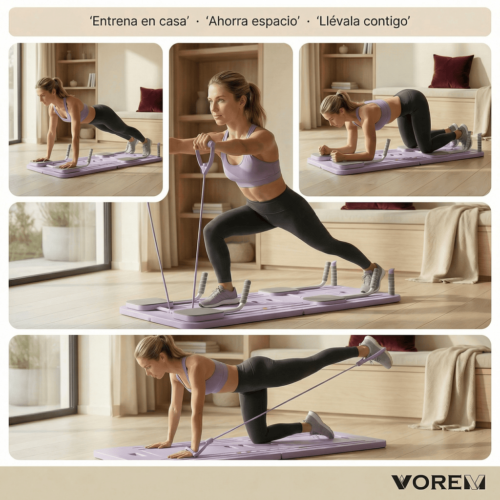 Mujer usando tabla de pilates plegable multifuncional VOREM