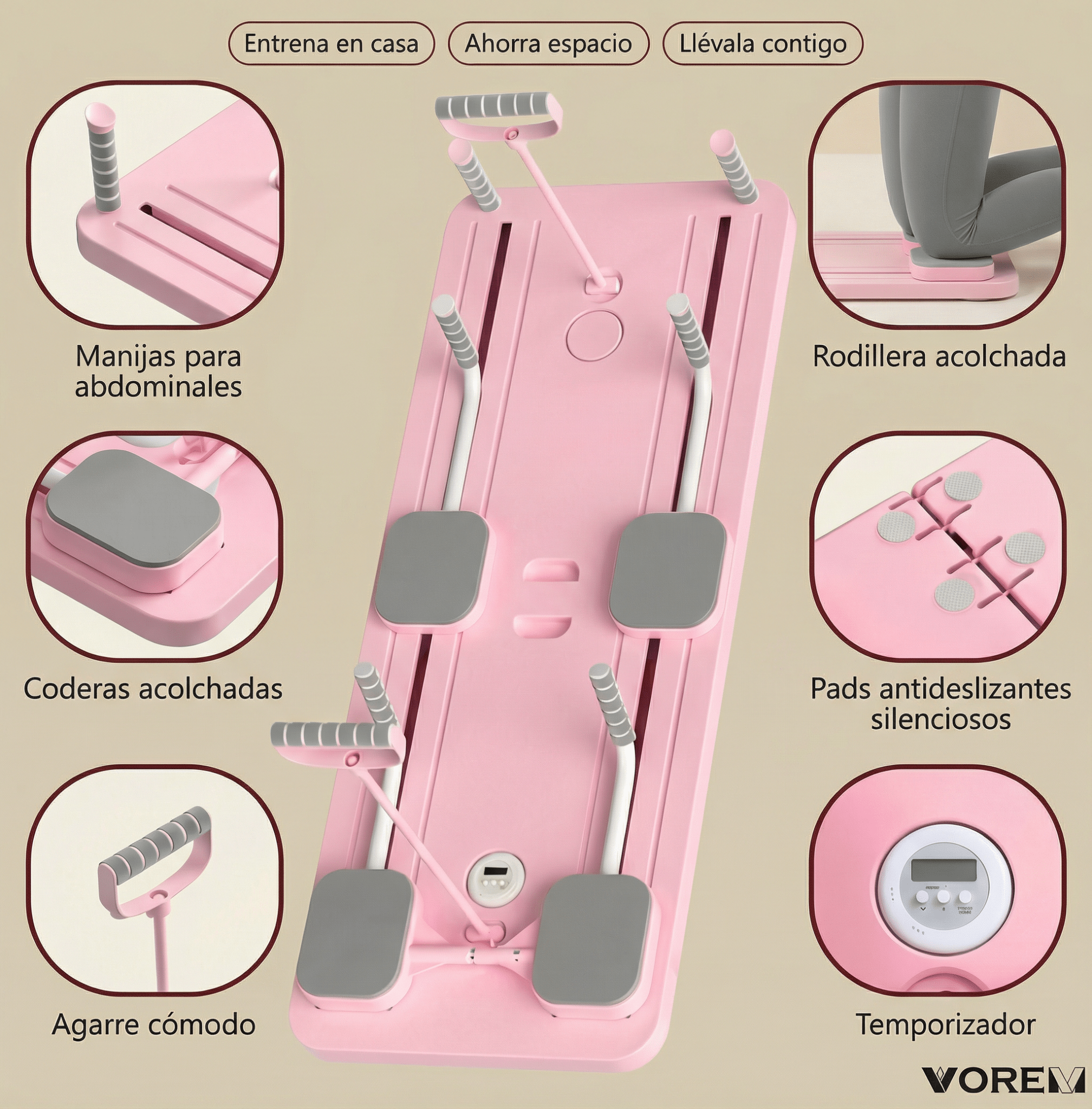 Detalles y accesorios de tabla de pilates plegable VOREM