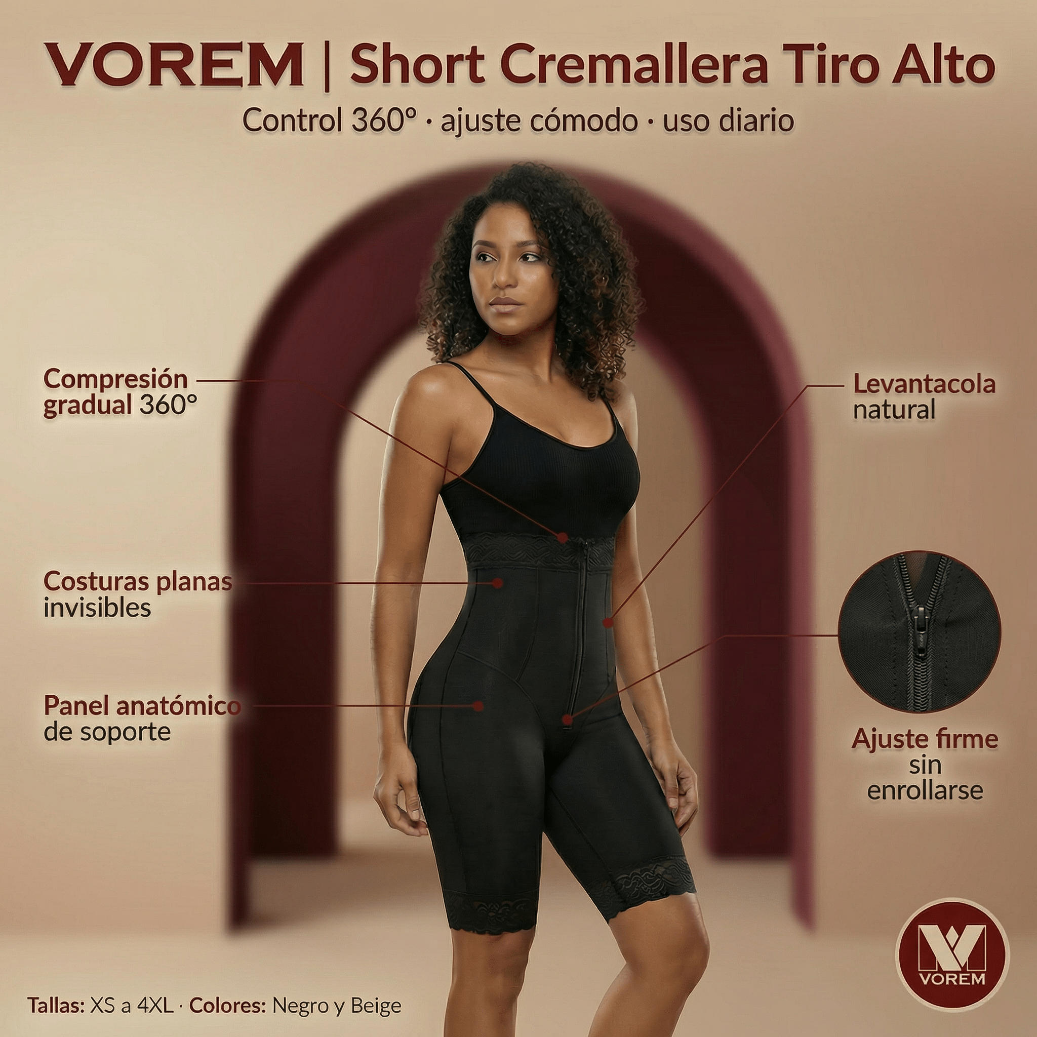 Short moldeador negro VOREM de tiro alto con compresión cómoda